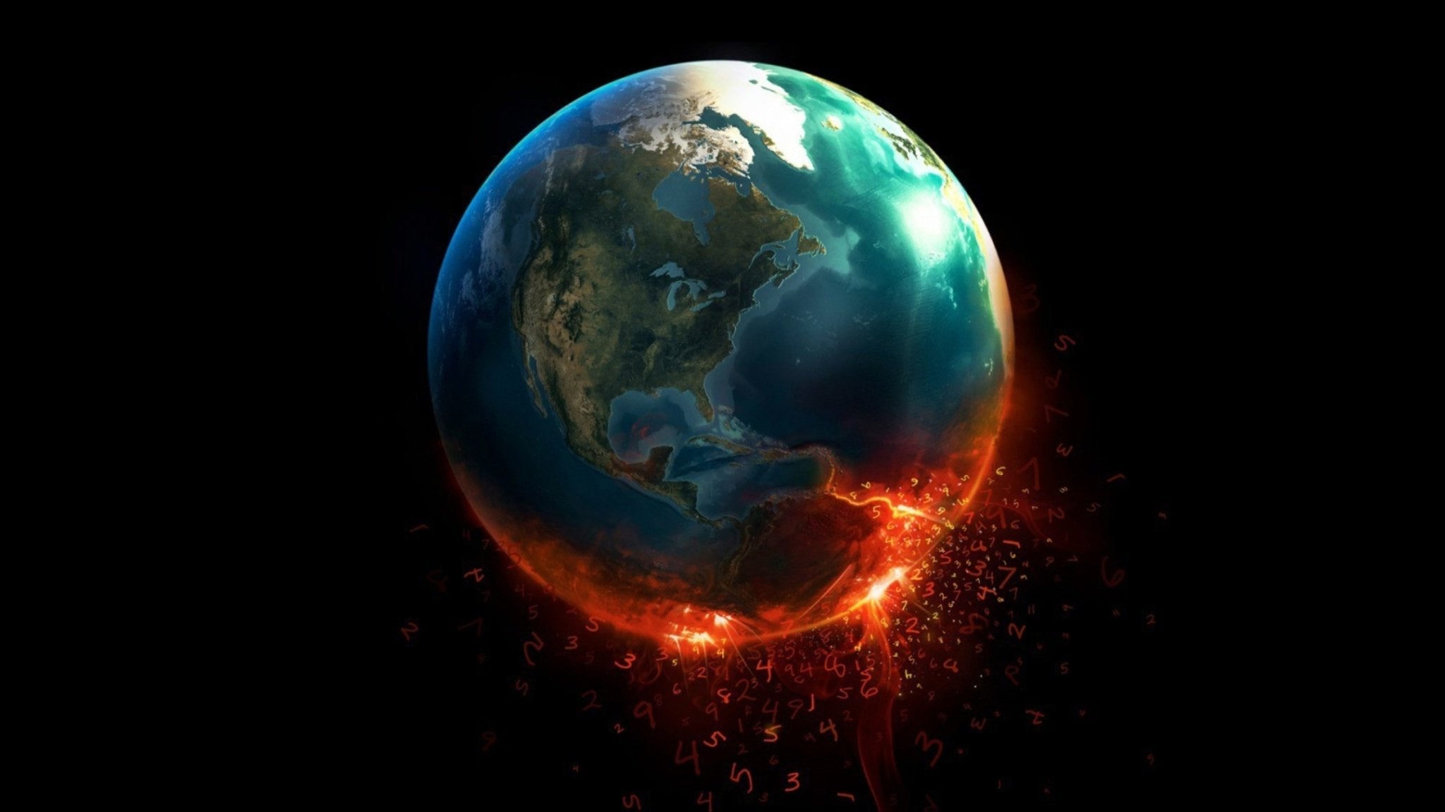 digital artwork of planet Earth with its lower half on fire, red lava cracks and glowing numbers falling from it, symbolizing a world collapsing from imbalance, greed, and disconnection from love and harmony