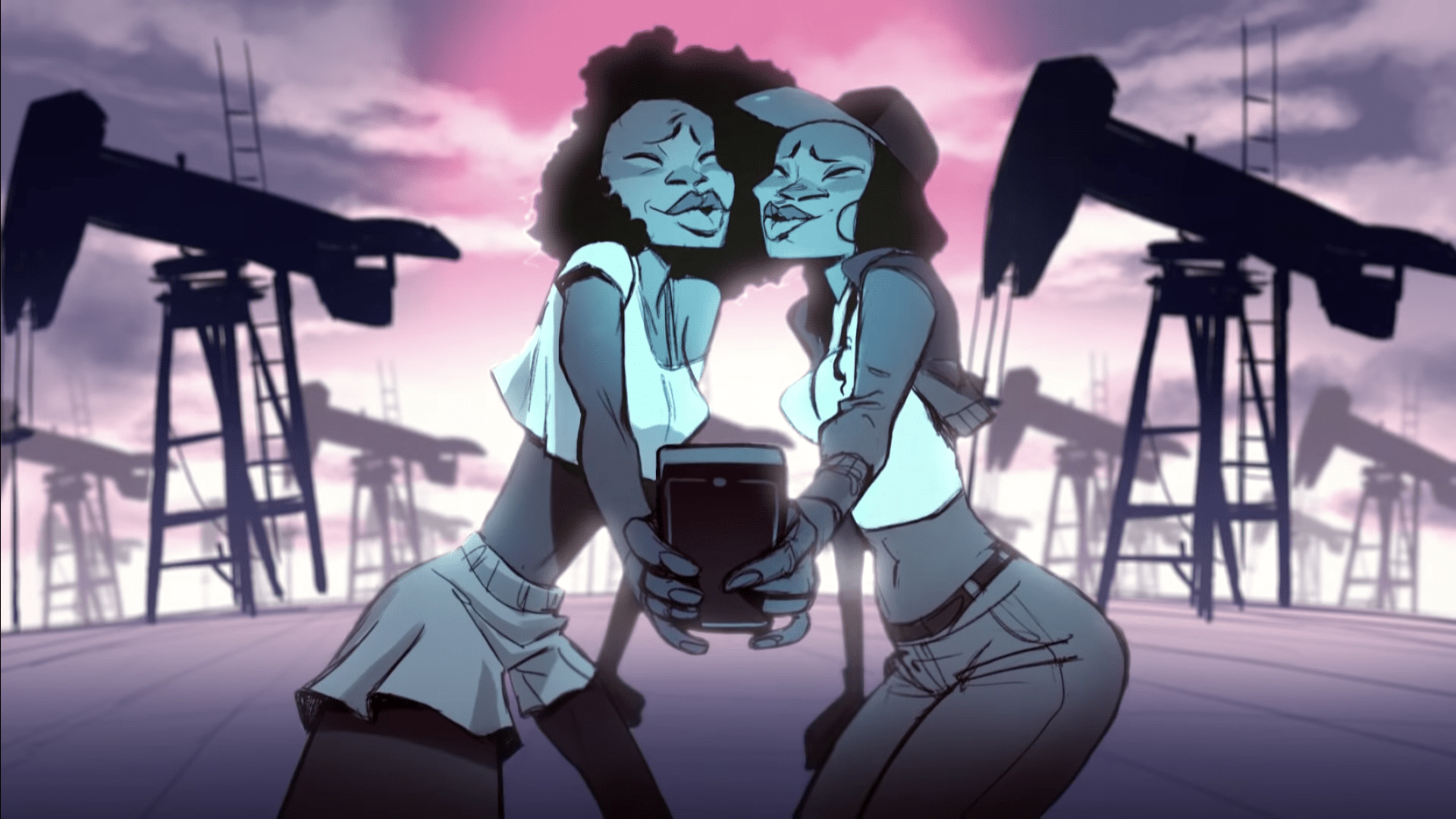 symbolic illustration of two people smiling and celebrating while oil pumps work behind them, representing comfort, excess, and how easy times can weaken collective resilience