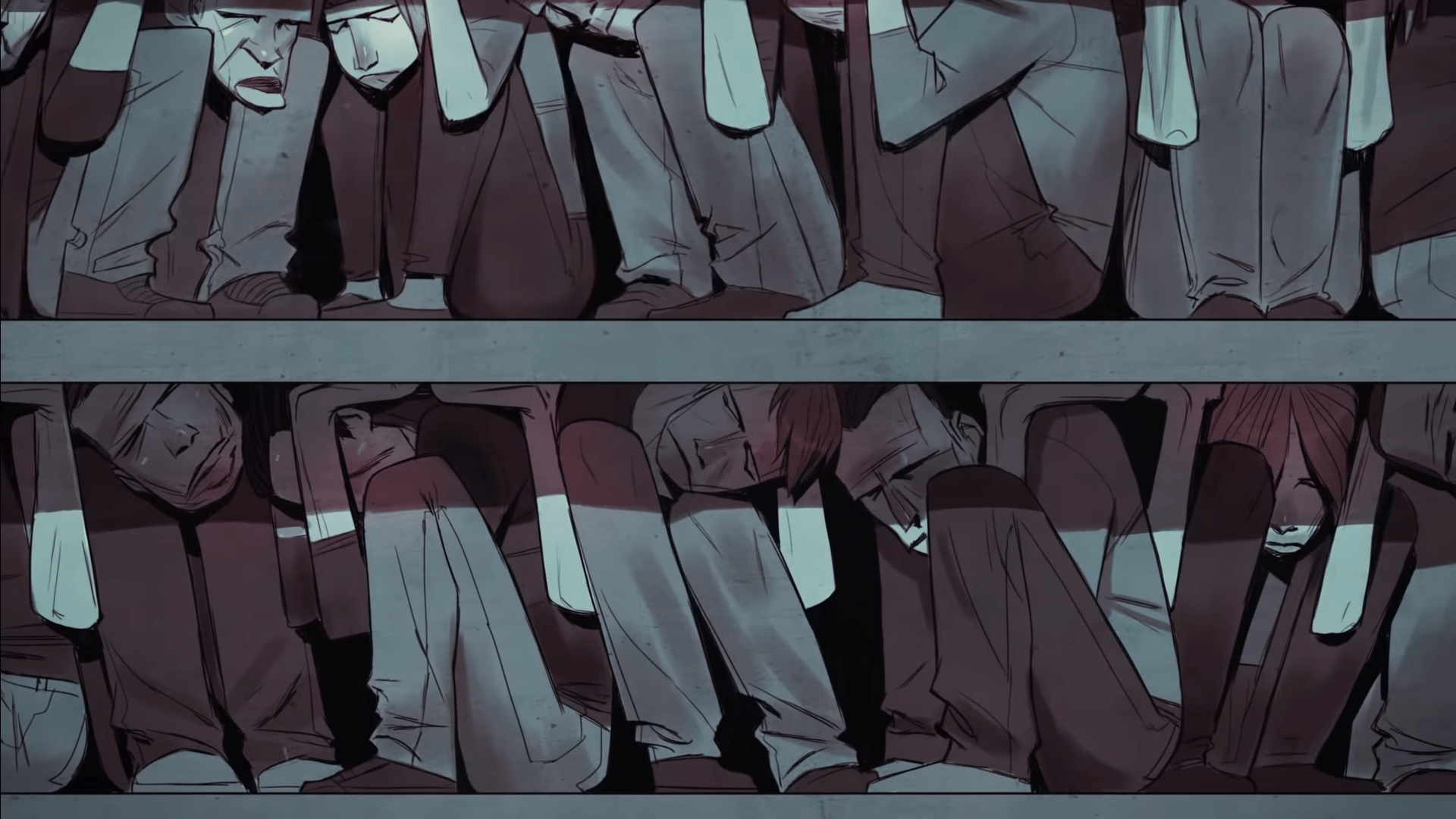 symbolic artwork showing exhausted people sitting in dark uniforms with bowed heads, representing confusion, loss of direction, and how weakness in values can lead to hard times