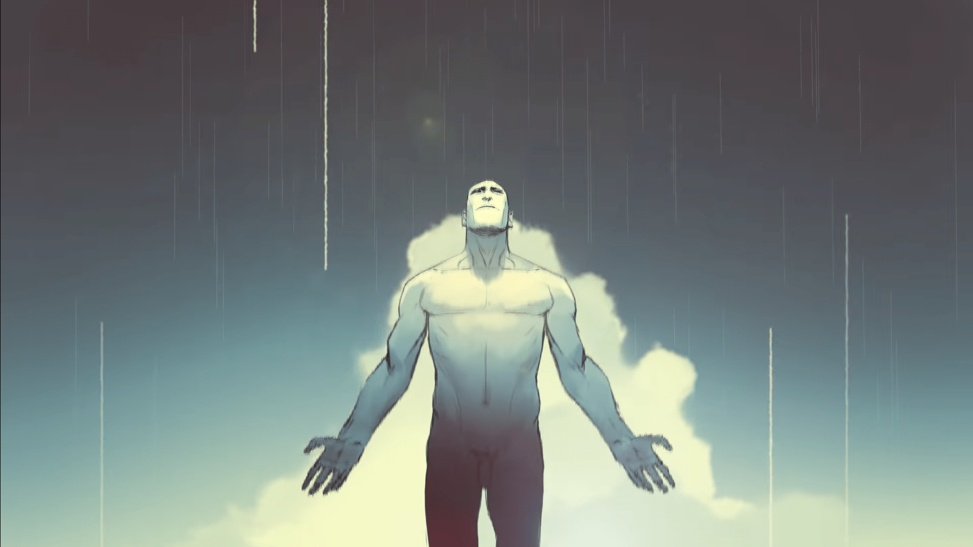 powerful image of a man standing in the rain with arms open to the sky, symbolizing struggle, awakening, and the inner strength born from adversity