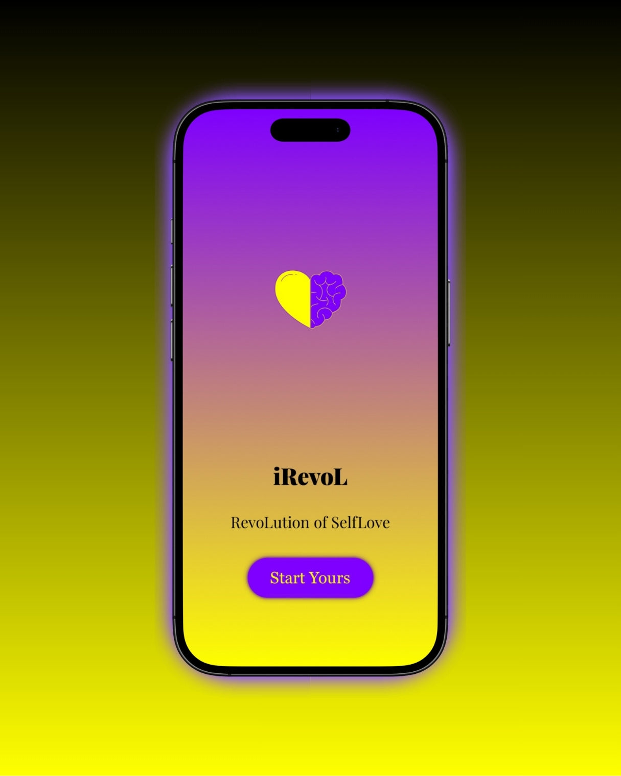 smartphone displaying the iRevoL app with a heart-and-brain logo in purple and yellow gradient, representing the RevoLution of SelfLove and the invitation to start living in harmony